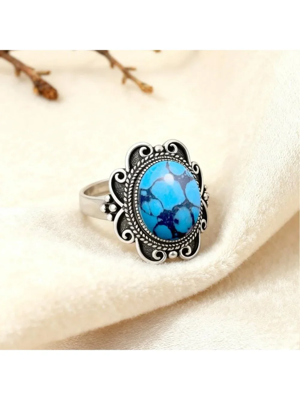 Bohemian Chunky Ring with Natural Stone, Vintage 925 Sterling Silver, Oval